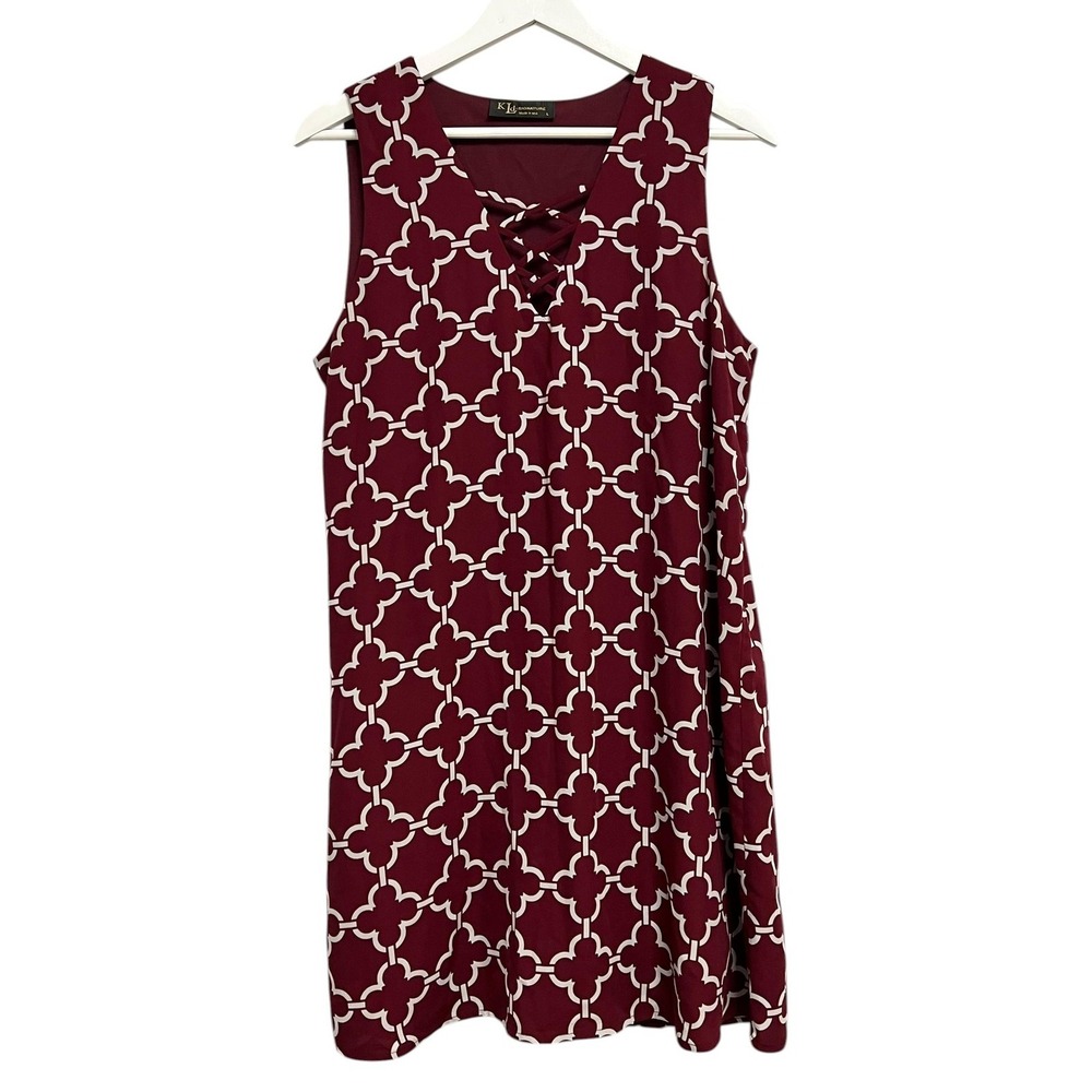 KLd-SIGNATURE Dress Womens Large Maroon Geometric V Neck Sleeveless Swing Short‎